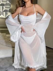 2pcs Set Women Fluffy Faux Fur Sexy Lingerie Set - Dusty Pink - View 4