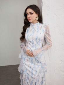 Graceveil Women's Floral Print Ruffled Trim Tie-Back Modest Elegant Dress - Multicolor - View 4