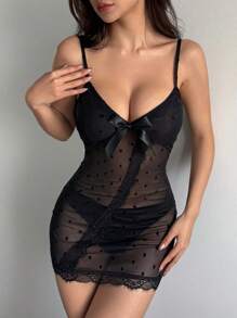 DAZY Polka Dot Lace Sheer Bowknot Sleeveless Fitted Women Sexy Nightgown