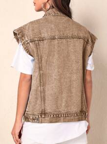 SHEIN Frenchy Washed Distressed Sleeveless Denim Jean Jacket, Casual Vacation Wear - Mocha Brown - View 2