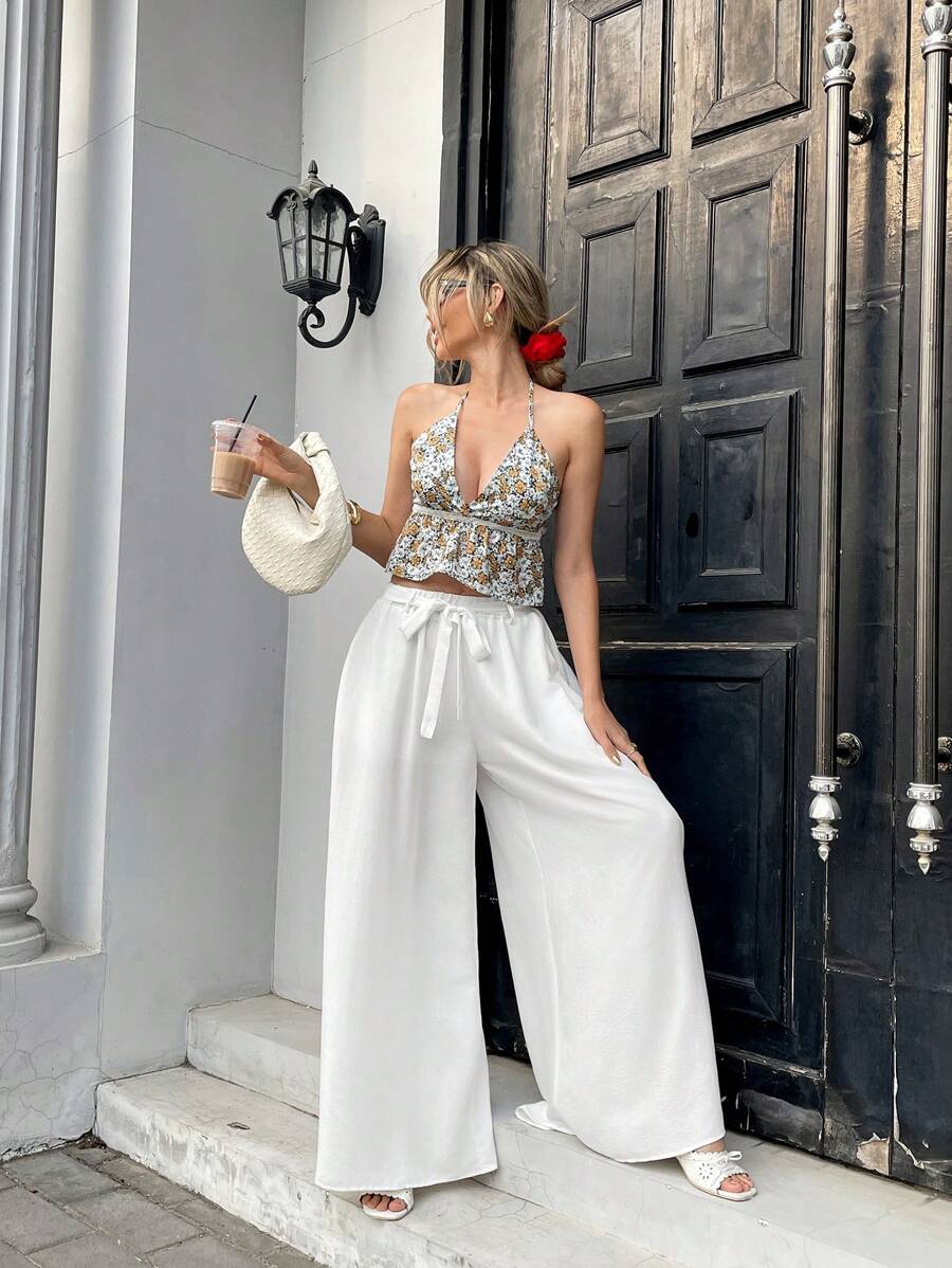 Chiquease 女士亚麻风格白色飘逸松紧腰阔腿休闲长裤 - 白色 - 查看 1