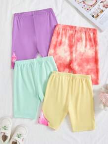4pcs Young Girl Mermaid & Castle Print Leggings/Shorts Set
