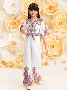 SHEIN Tween Girls' V-Neck Puff Sleeve Printed Casual Romper