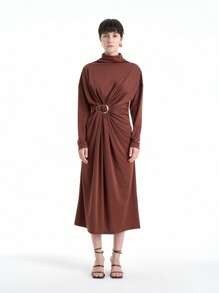 Aalyst 女士优雅高领长袖中长连衣裙 - 棕色 - 查看 5