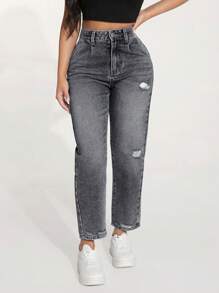 SHEIN PETITE Pantalones vaqueros rectos con bolsillos y rotos para mujer - Gris Claro - Ver 1