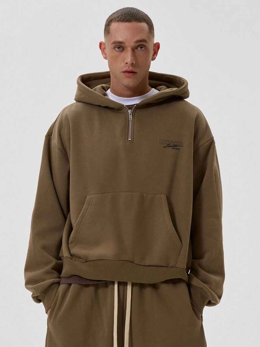 Long Sleeve Oversized Hooded Quarter Zip Sweater Branded "MUSERO LIMITED EDITION" Detailing Spring Summer Essentials - Coffee Brown - View 1
