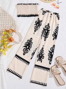 SHEIN Teen Girls Cream-White Casual Vacation Strapless 2 Pieces Set, Strapless Cropped Top With Geometric Print, Spring/Summer - Apricot - View 2