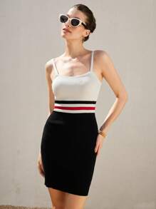 Revavyn Color Block Stripe Pattern Simple Elegant Sports Chic Bodycon Camisole Knit Dress   For Summer - Multicolor - View 1