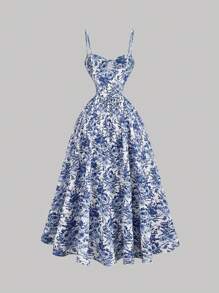 SHEIN MOD Plus SizeFloral Print Bustier Cami Blue And White Contrast Striped Waist Corset Structure Dress,Vacation Outfits Woman,Summer Dress,Country Outfits,Beach Vacation Wear,Summer Dress,Easter Dress Women,Summer Dresses For Women,Tea Party Dress,Beach Dress Sundress,Holiday Outfits Boho