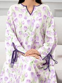 Yasmyna 女士迷你碎花土耳其和阿拉伯传统长袍，朴素的卡夫坦 - 紫色 - 查看 3