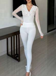 DAZY Lace Contrast Mesh Bodycon Pajama Set