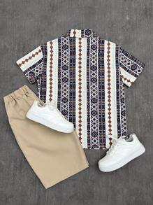 SHEIN Explorewe 2pcs/Set Teens' Stylish Cool Floral Print Short Sleeve Shirt & Loose Solid Color Bermuda Shorts, Casual Vacation - Khaki - View 2