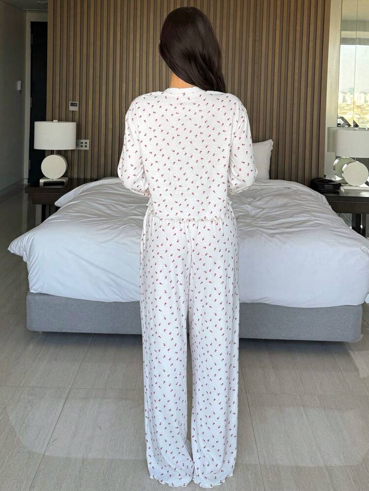 ウィメンズ ディジーフローラル トップ&ルーズパンツ 2点セットパジャマ、秋冬用