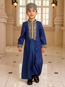 Young Boy Geometric Print Patchwork Ribbon Collar Long Sleeve Long Shirt - Royal Blue - View 4