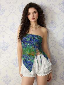 SHEIN MOD Casual Drawstring Asymmetrical Hem Body-Hugging Halter Top With Vintage Van Gogh Painting Print