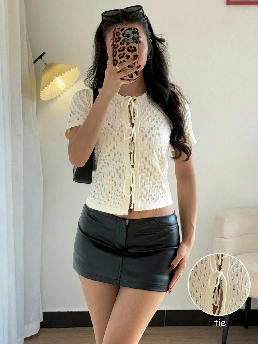 Chiquease New Sweet Fresh Simple Lace-Up Frill Hollow Out Women Cardigan Sweater, Spring/Summer - Apricot - View 1