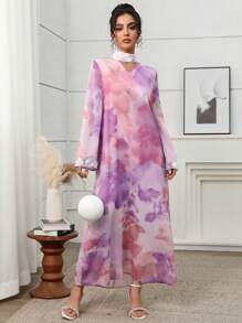 Yasmyna Caftan maxi élégant pour femme : tissu tissé, encolure à encolure, manches longues avec détails découpés et garniture de dentelle brodée, modeste