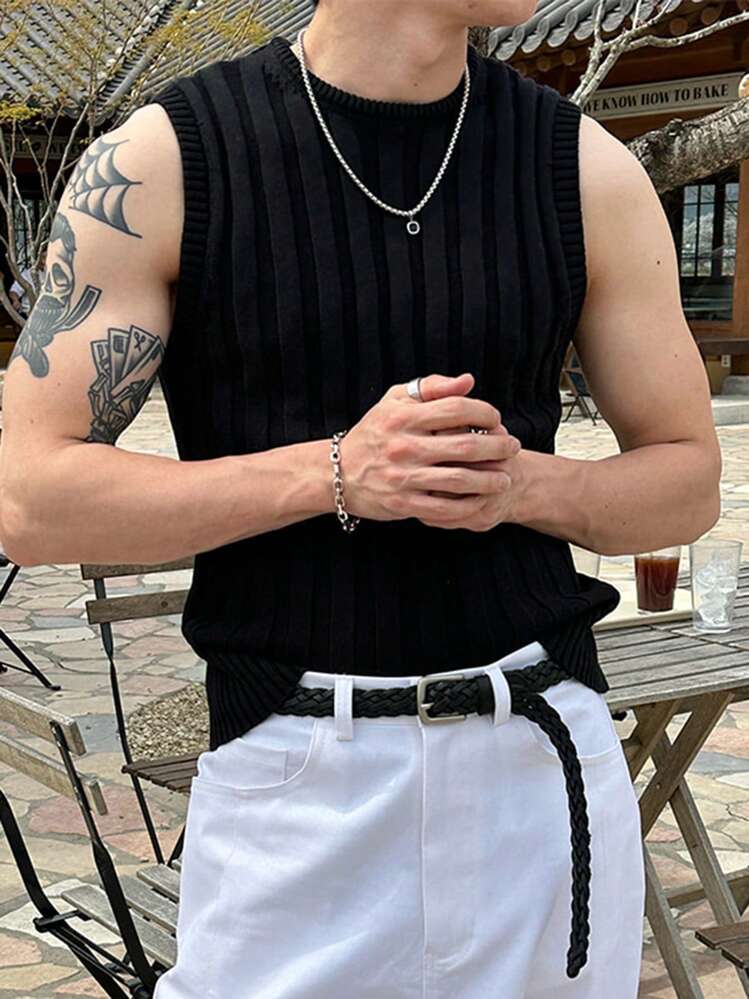 DAZY Summer Textured Slim-Fit Black Knit Sweater Vest For Men - Black - View 1