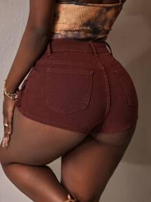 Slaydiva Pantalones cortos de mezclilla casuales de color liso, de uso diario y de moda para mujer - Café integral - Ver 3
