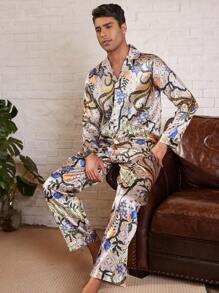 Manfinity ChillVibe Men's 2pcs Pajama Set Casual Long Sleeve Shirt And Long Pants, Simple And Fashionable For Daily Wear - Multicolor - View 3