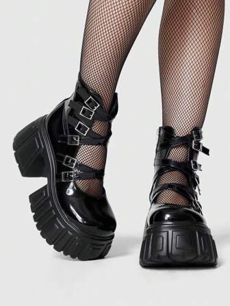 Goth Women's Multiple Adjustable Buckle Design Fashion Wedge & Platform Pumps