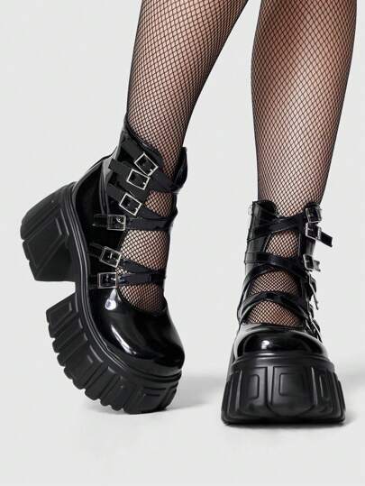 Goth Women's Multiple Adjustable Buckle Design Fashion Wedge & Platform Pumps