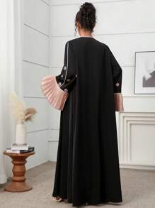 Yasmyna Abaya larga con mangas abullonadas de color bloque plisada, vestido modesto - Negro - Ver 4