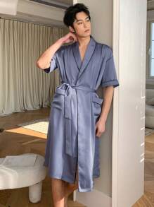 DAZY 舒适缎面抽绳腰部设计蓝色男士睡袍，春夏睡衣 - 藍色 - 查看 5