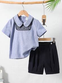 2pcs Kids Boy Casual College Style Comfortable Printed Collar T-Shirt And Solid Color Shorts Set, Versatile Gentleman Suit Suitable For School, Garden, Beach, Birthday, Spring, Summer, Fall, Winter - Blue - View 8