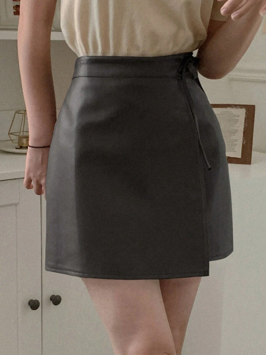 DAZY Women's Casual Solid Color Drawstring Wrap Skirt Leather Skirt - Dark Grey - View 1