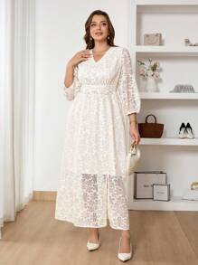 SHEIN Frenchy Vestido casual de mujer talla grande con cintura definida en jacquard color albaricoque, vestido formal de moda estilo boho/bohemio con malla, vestido de graduación floral, vestido modesto de primavera elegante para mujer, vestido largo para playa, atuendo para concierto de mujer - Albaricoque - Ver 3