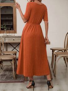 EMERY ROSE Square Neck, 3/4 Sleeve, Cinched Waist, A-Line Hem, Side Pockets Mid-Length Casual Dress, Spring/Summer - Brown - View 2