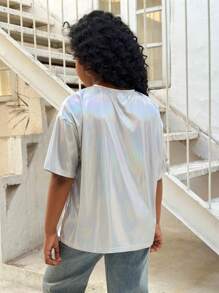 SHEIN Leap Crew Tween Girl Street Cool Knitted Crew Neck Short Sleeve Top - White - View 2