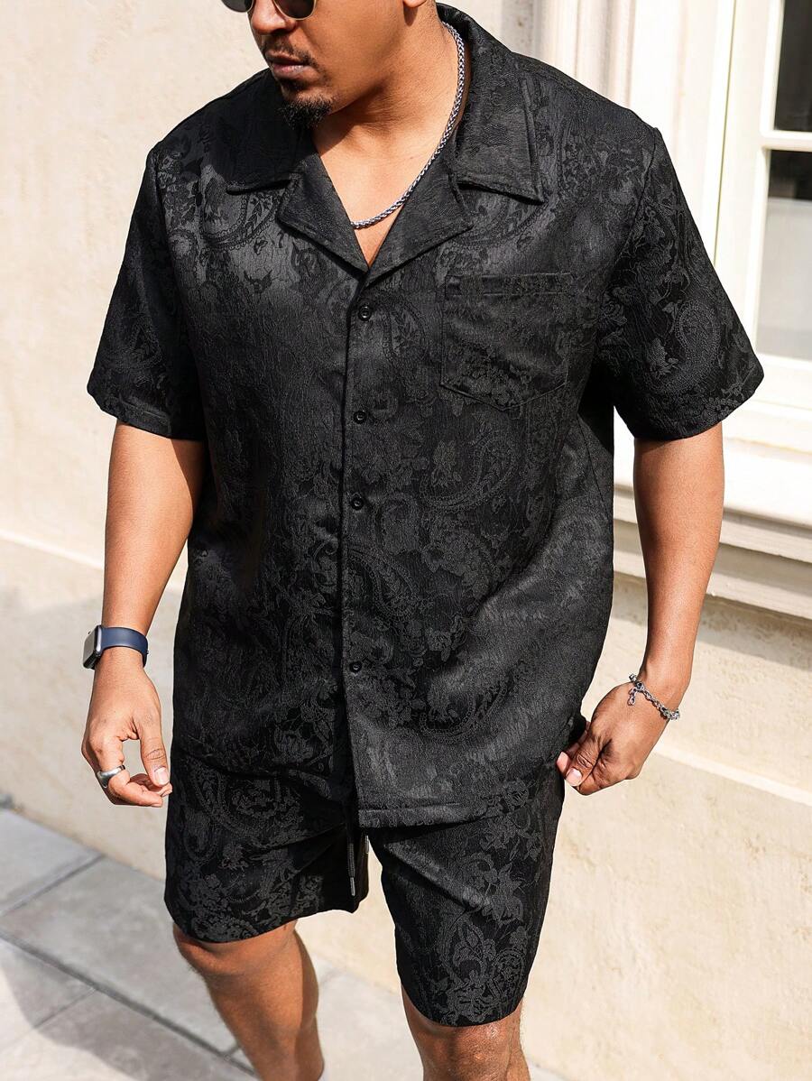 Manfinity Homme Plus Size Men Minimalist & Fashion Casual Short Sleeve Shirt & Shorts Set - Black - View 1