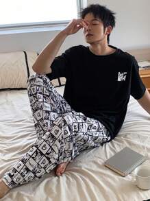 DAZY Men's Anime Pattern Print T-Shirt & Floral Pants Matching Pajama Set, Summer - Grey - View 7