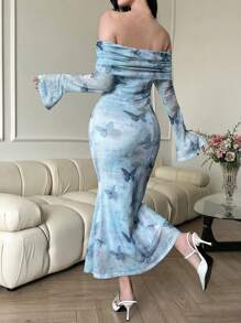 DAZY 女式中长款花卉露肩鱼尾连衣裙优雅秋季连衣裙长袖连衣裙 - 藍色 - 查看 2