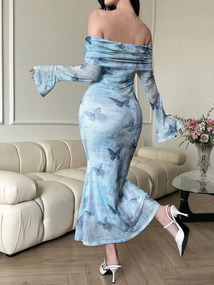 Women's Midi Floral Off Shoulder Fishtail Dress Elegant,Fall Dress Long Sleeve Dress