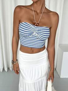 SHEIN Essnce Women Casual Simple Stripe Halter Neck Top - Blue and White - View 6