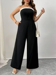 Flirla Plus Size Simple Contrast Color Ruffle Trim Jumpsuit, Spring/Summer