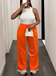 Slaydiva Women Plus Size 2 Pieces Set: White Ribbed Racerback Tank Top And Wide Leg Sweatpants In Orange, Casual Sports Wear For Spring/Summer