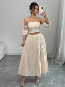Elenzga 2 件套：简约花卉装饰上衣和裙子，休闲装 - 杏色 - 查看 3