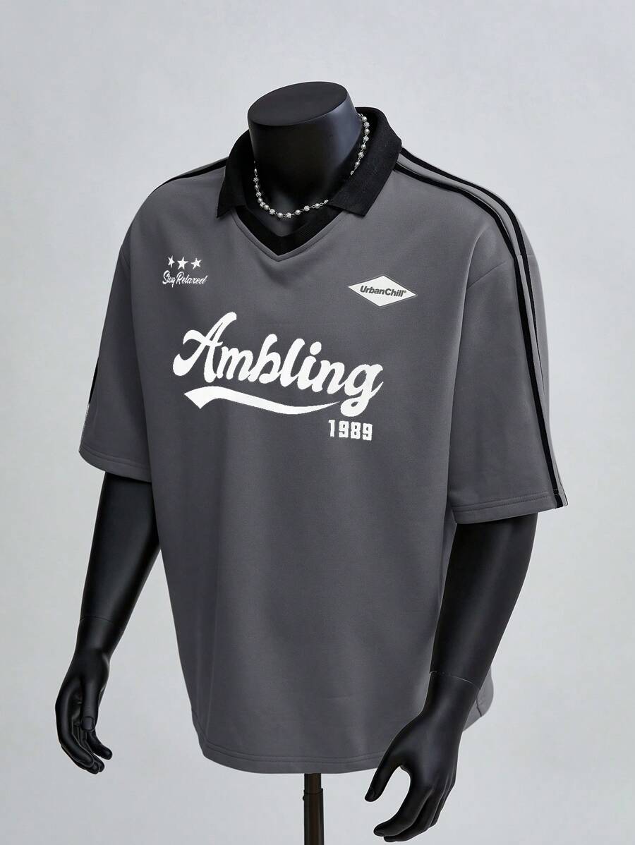 SWAVVY 男士针织时尚休闲宽松短袖 Polo 衫，学校 - 深灰色 - 查看 1