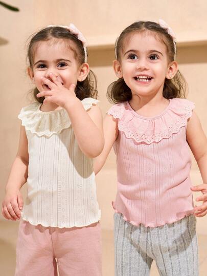 SHEIN 2pcs/Set Baby Girls Pink & Apricot Color Top With Ruffle Collar Casual Outfit, Suitable For Outdoor Wear, Spring/Summer