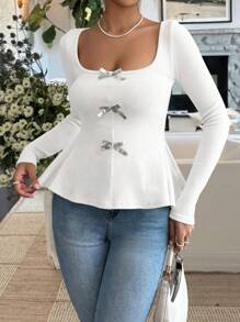 SHEIN Unity Autumn Casual Bow Decor Cinched-Waist Long Sleeve T-Shirt For Spring - White - View 1