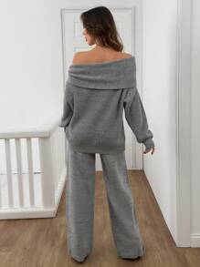 RueChic Women Off Shoulder Accessory Detailed Chunky Pullover & Sweater Pants Set - Grey - View 6