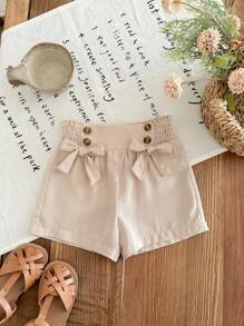 SHEIN LMoss Kids Baby Girl Casual Khaki Bow Decor Shorts, Summer