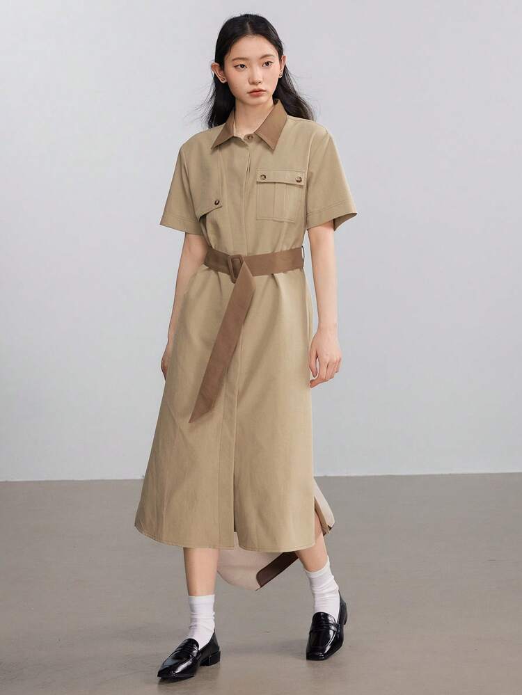 Business Casual Loose Minimalist Cinched Waist Big Pocket Cargo Style Color Block Short Sleeve Women Midi Dress Sundress Shirt Dress,Teacher Outfits