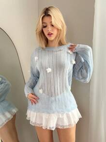 Sweetina Women's Elegant 3D Floral Decor Lightweight Sweater