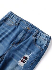 SHEIN Tween Boys Fashion Casual Red Denim Cut Out Ripped Frayed And Plaid Ripped Patchwork Stretch Skinny Jeans For Boys Soft Dailywear And The Four Seasonsr Kids Clothes