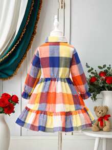 Vestido camisa a cuadros azules para niñas y niñas pequeñas, adecuado para uso casual diario y para Navidad - Azul - Ver 2